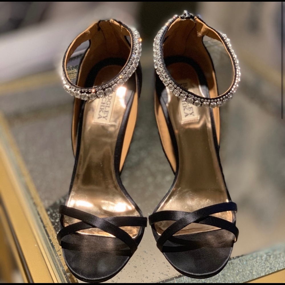 Badgley Mischka Decadence Black Ankle Strap Shoes with Jewels